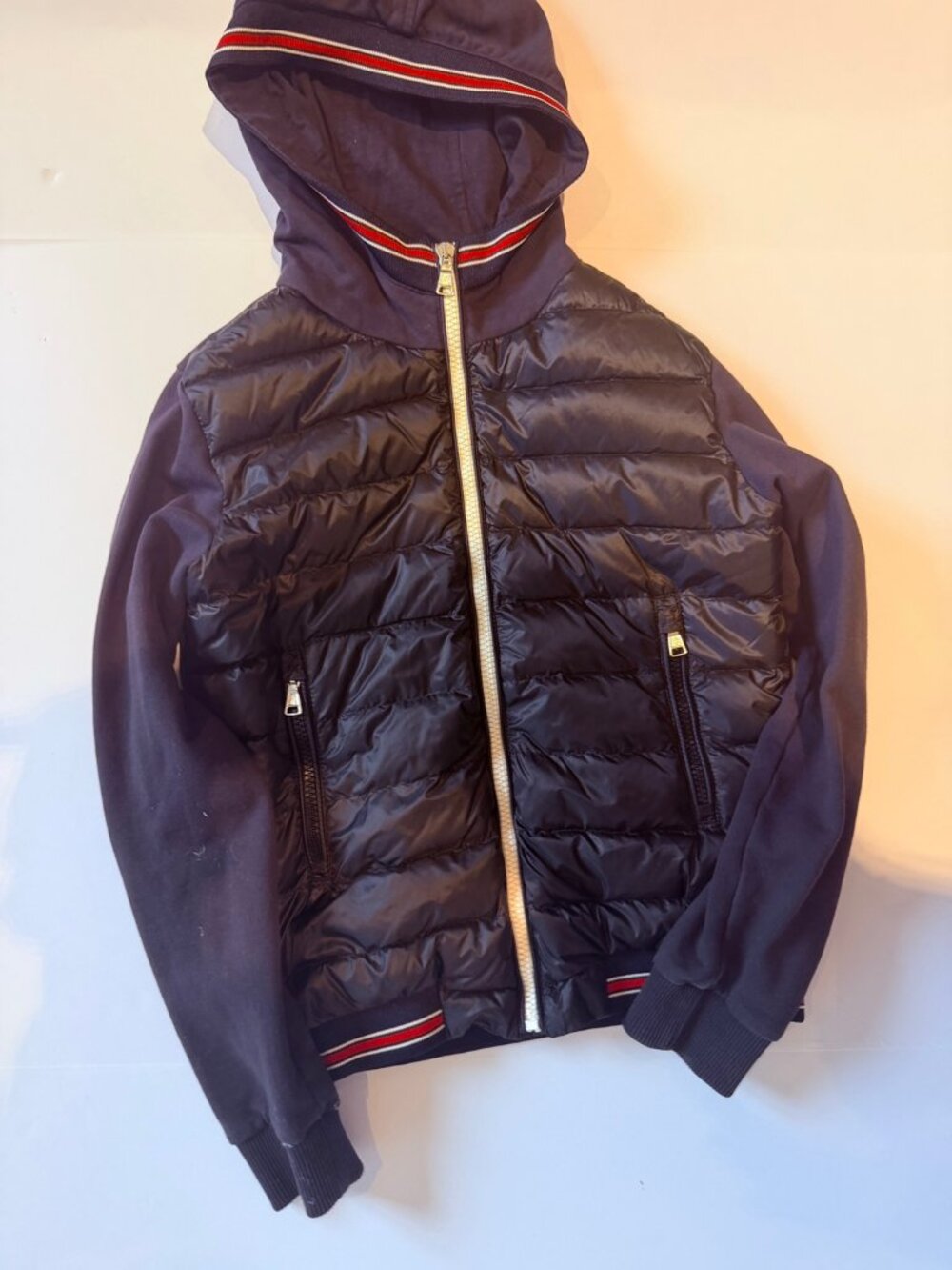 Moncler Kids Navy Hybrid Puffer Zip Hoodie Jacket Size 10Y / 140cm